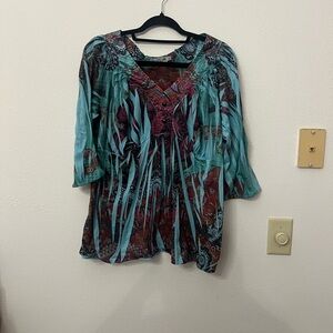 Boho V-Neck Fringe Tunic Top in Teal and Burgundy
